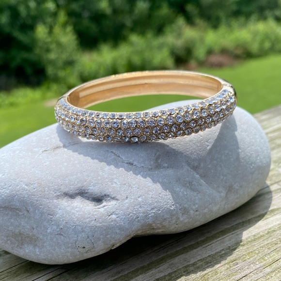 Crystal adorned gold tone hinge bangle bracelet - Picture 11 of 16